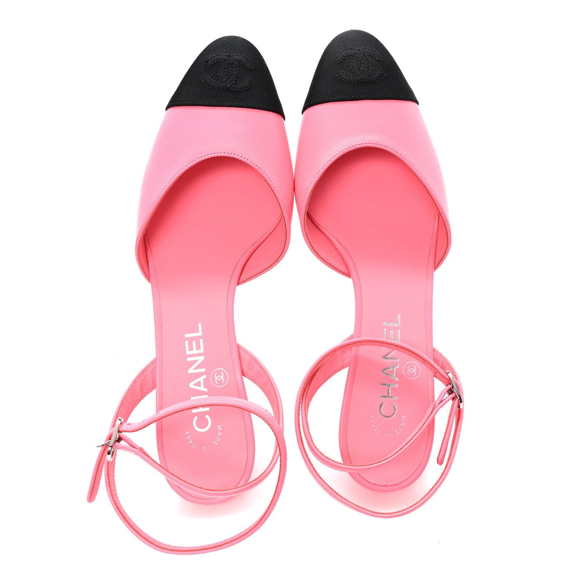 Chanel Lambskin Grosgrain Women's Cap Toe CC Slingback Pumps 37 Coral Black