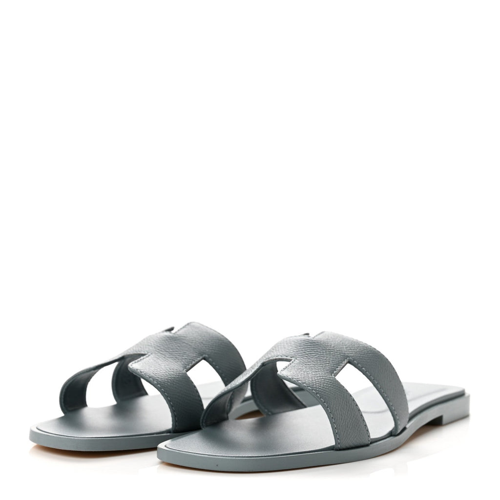 Hermes Epsom Calfskin Women's Oran Sandals 37.5 Gris Antarctique
