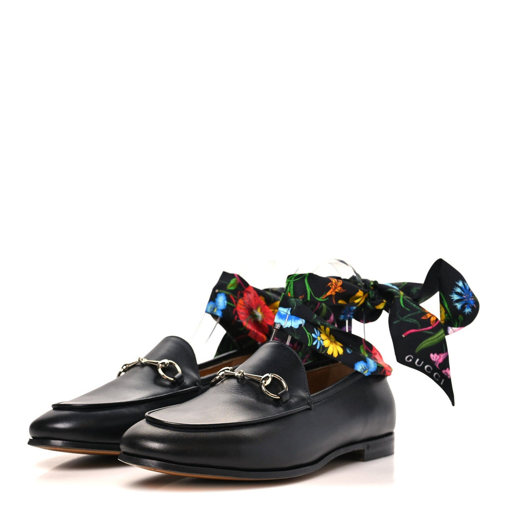 Gucci Betis Glamour Calfskin Silk Women's Jordaan Loafers 38 Black Multicolor