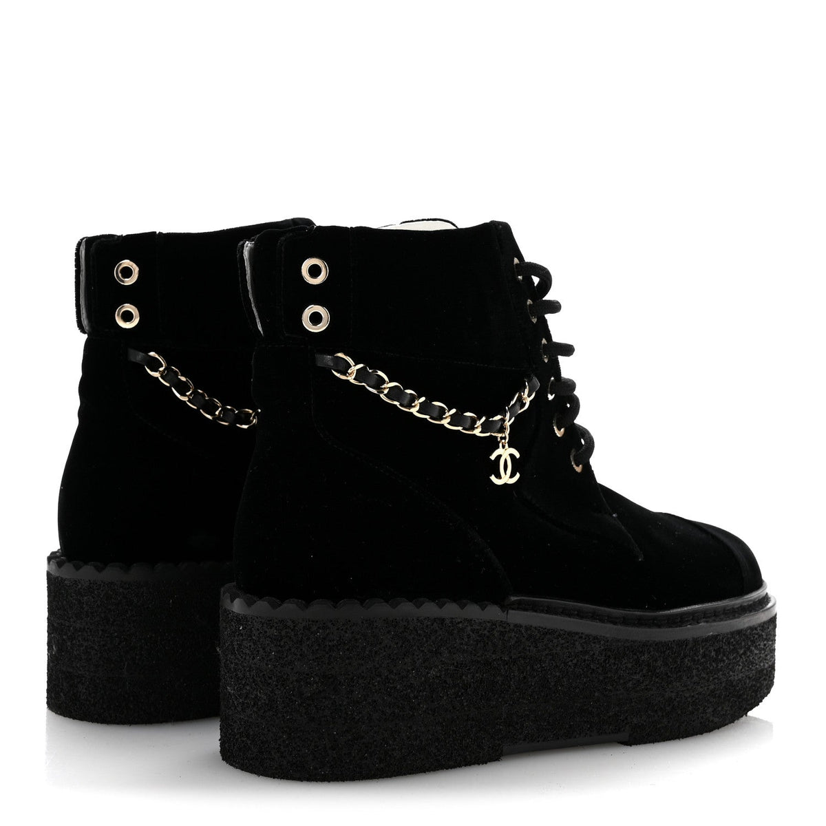Chanel Velvet Women's Chain Lace Up CC Short Boots 35.5 Black