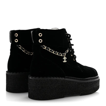 Chanel Velvet Women's Chain Lace Up CC Short Boots 35.5 Black