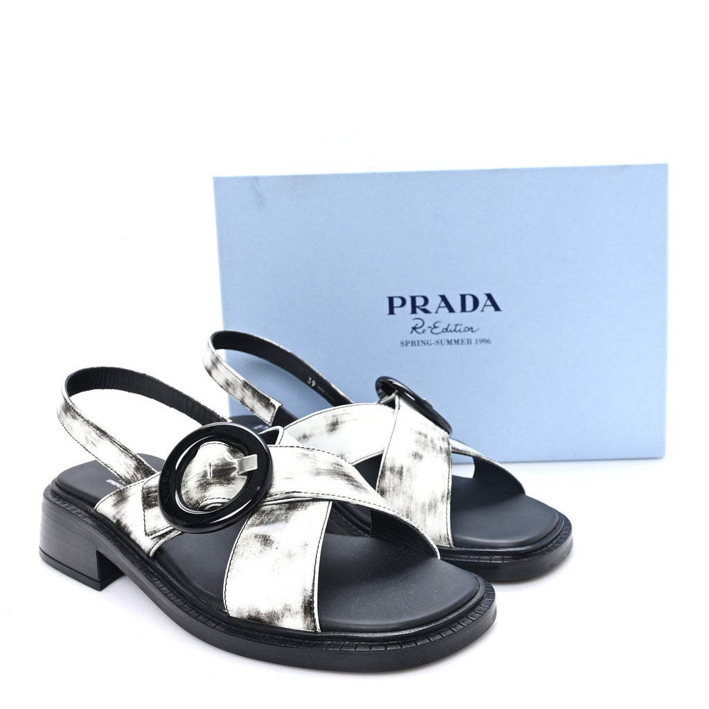 Prada Spazzolato Calfskin Women's Re-Edition 1996 Buckle Sandals 39 Bianco