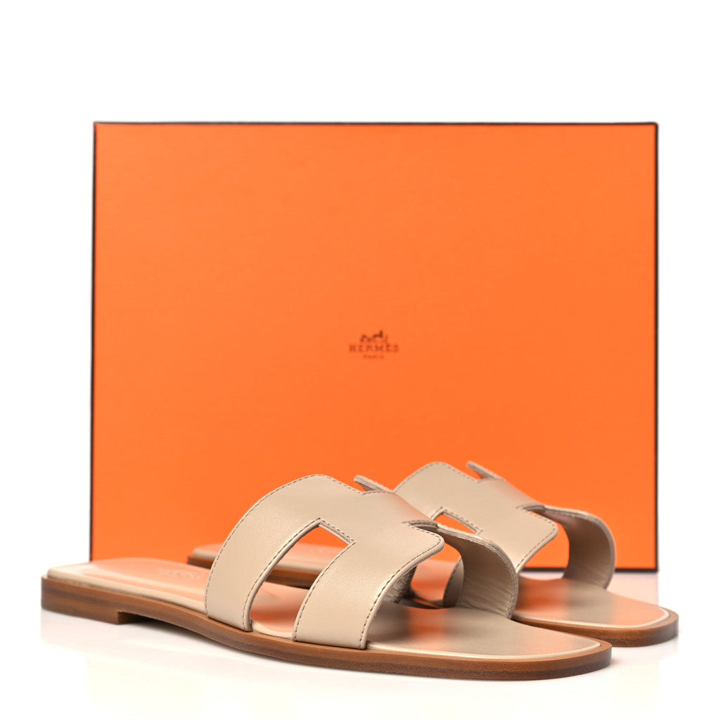 Hermes Box Calfskin Women's Oran Sandals 37.5 Beige Nude