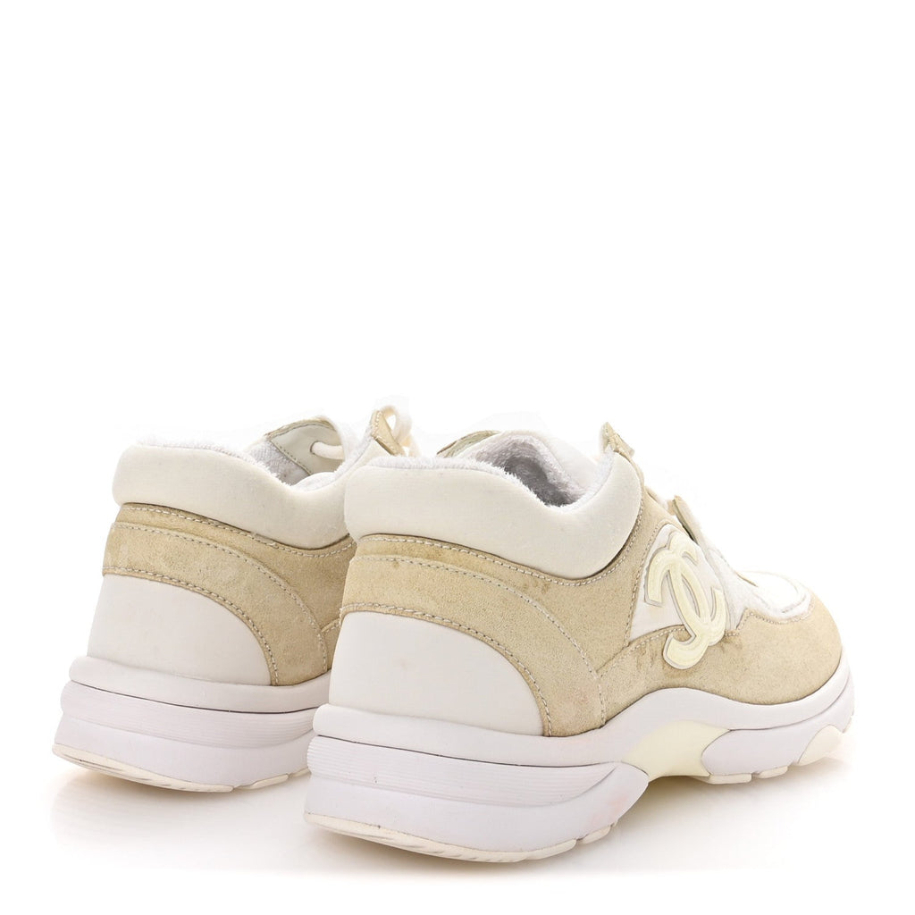 Chanel Suede Calfskin Fabric Women's CC Sneakers 37.5 White