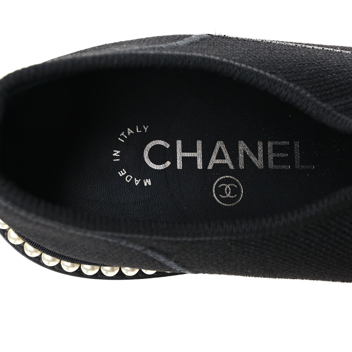Chanel Stretch Fabric Grosgrain Women's Pearl Cap Toe CC Loafers 35.5 Black