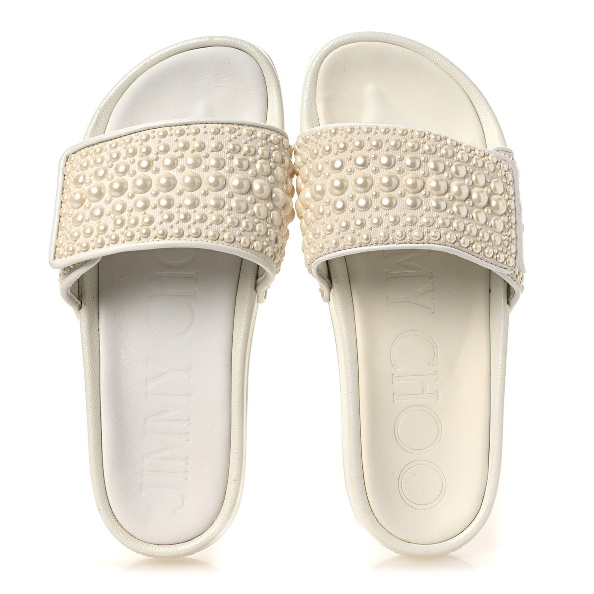 Jimmy Choo Canvas Rubber Women's Pearl Embellished Fitz Slide Sandals 37 White