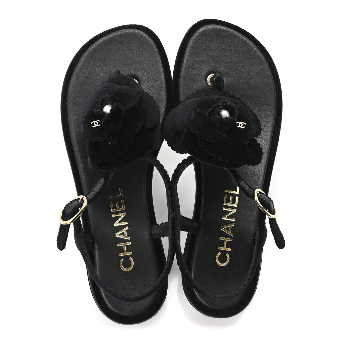 Chanel Velvet Pearl Camellia Women's Thong Sandals 37.5 Black