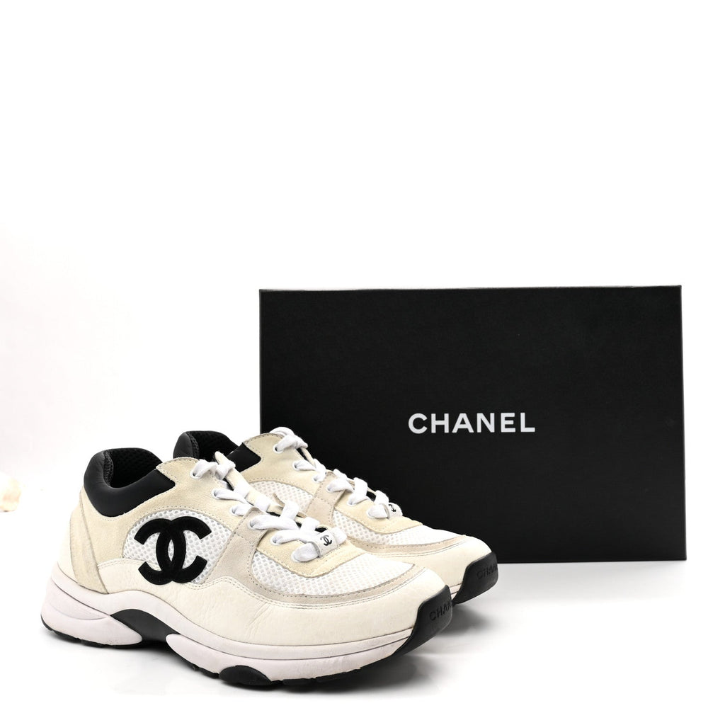 Chanel Mesh Suede Calfskin Womens CC Sneakers 39.5 White Black