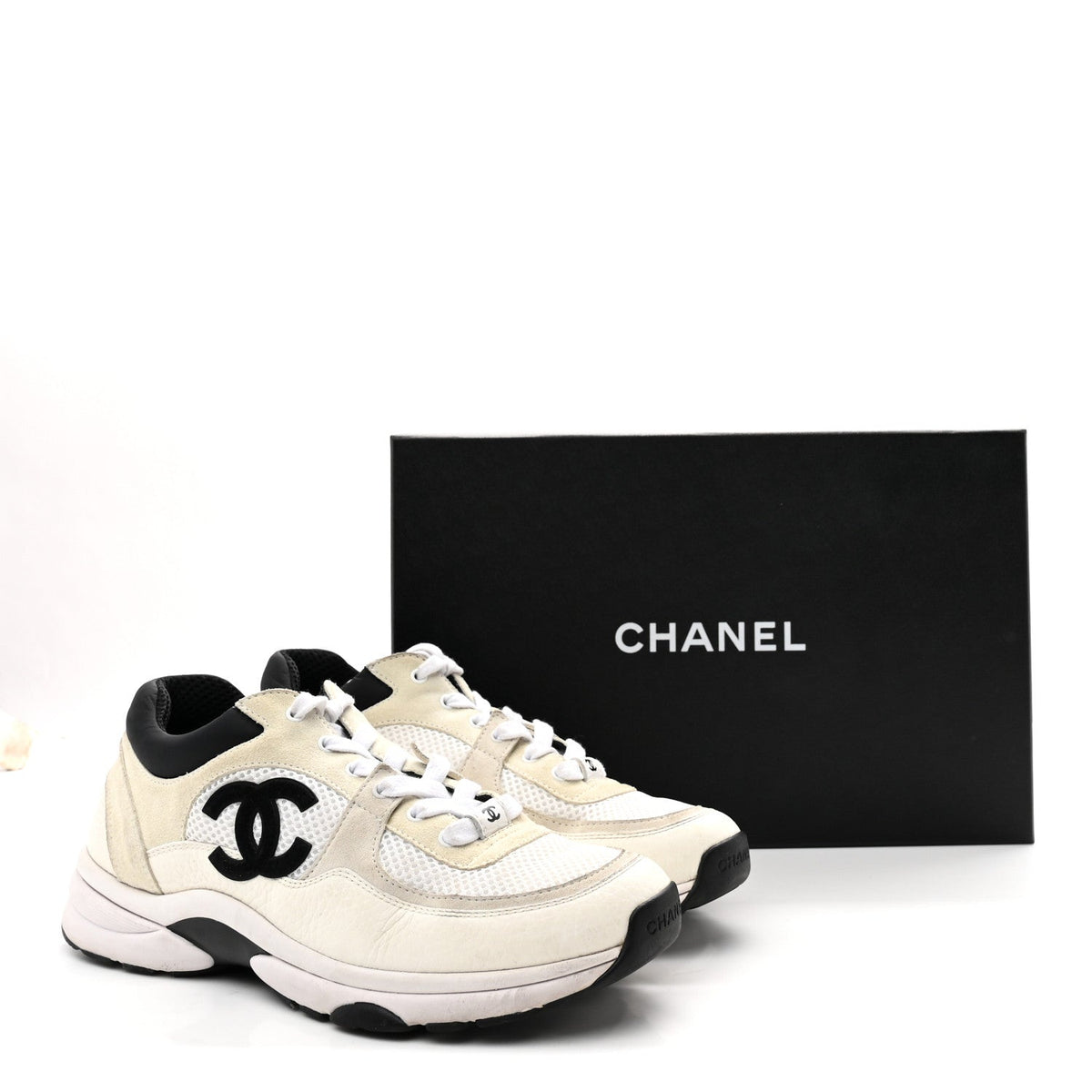 Chanel Mesh Suede Calfskin Womens CC Sneakers 39.5 White Black