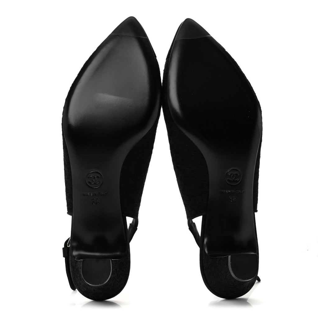 Chanel Lace Women's Camellia CC Slingback Pumps 38 Black