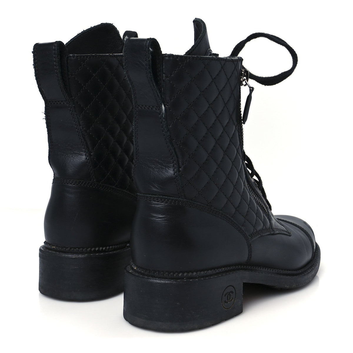 Chanel Calfskin Women's Quilted Lace Up Combat Boots 39 Black