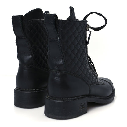 Chanel Calfskin Women's Quilted Lace Up Combat Boots 39 Black