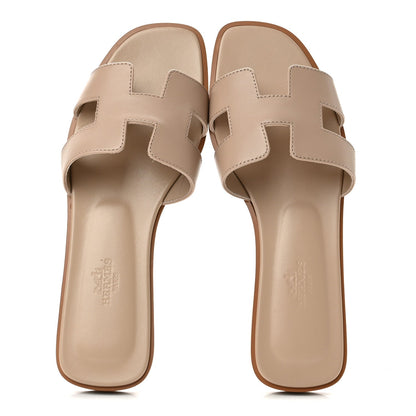 Hermes Box Calfskin Oran Women's Sandals Camel