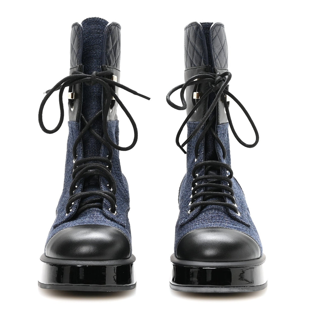 Chanel Fabric Patent Lambskin Women's Quilted CC Lace Up Combat Boots 36.5 Navy Blue Black