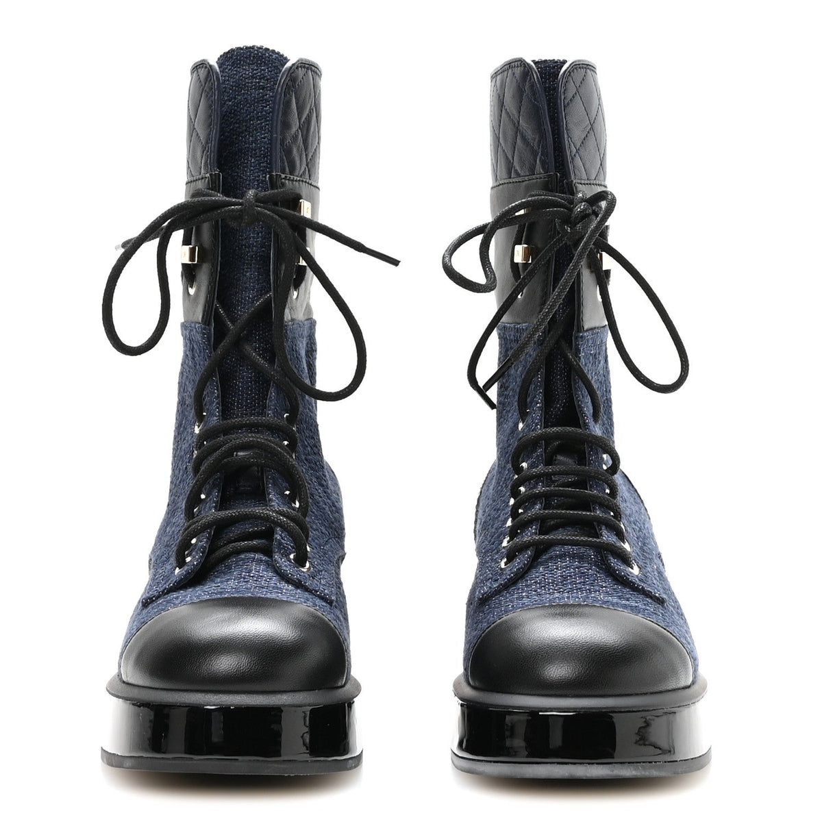 Chanel Fabric Patent Lambskin Women's Quilted CC Lace Up Combat Boots 36.5 Navy Blue Black