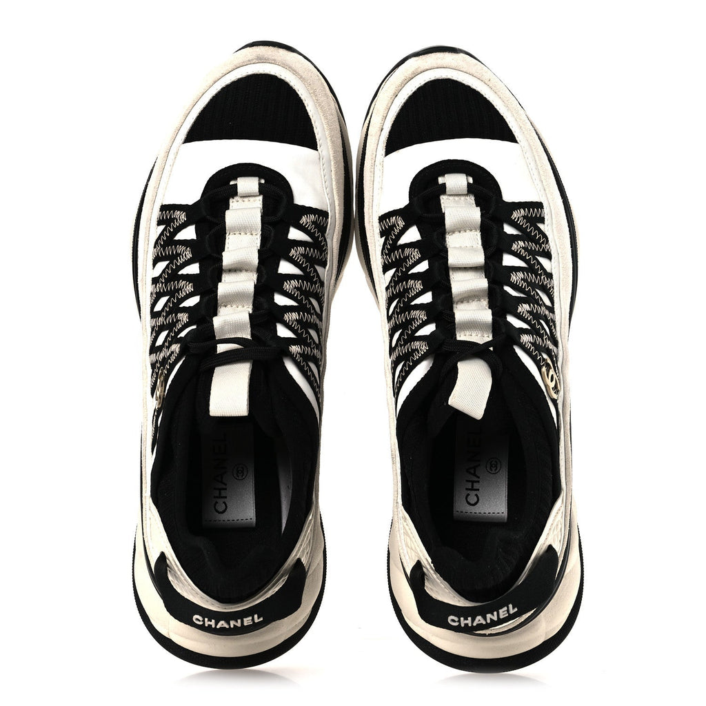 Chanel Fabric Suede Calfskin Women's CC Sneakers 39.5 White Black