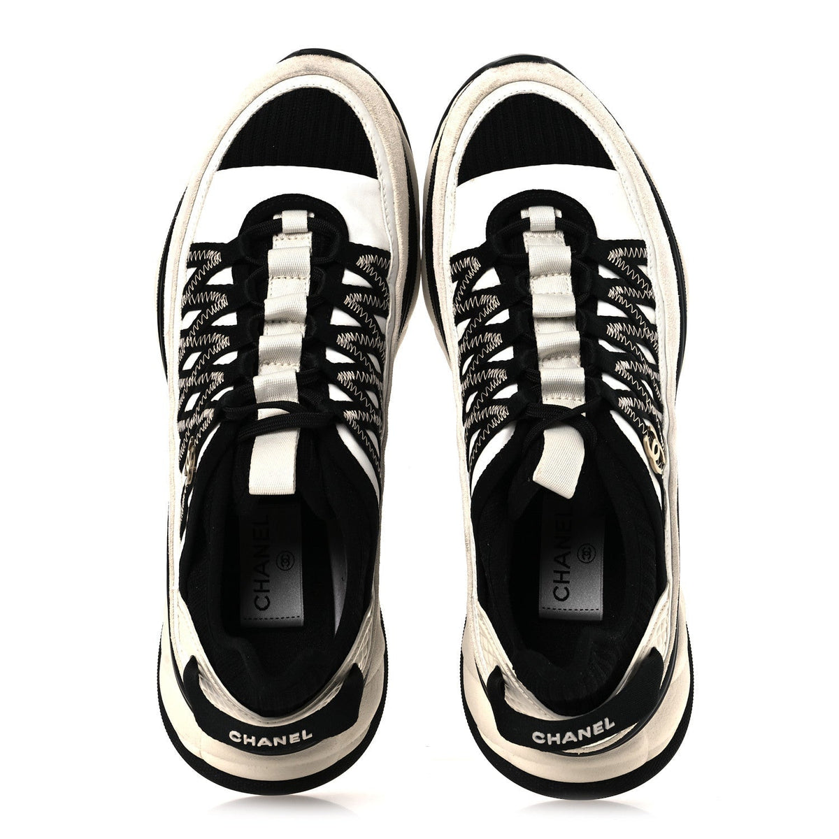 Chanel Fabric Suede Calfskin Women's CC Sneakers 39.5 White Black