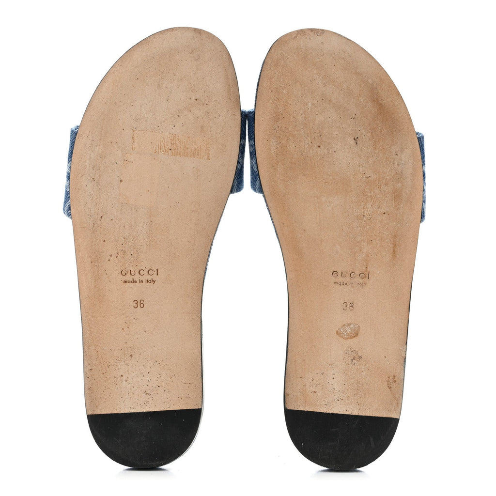 Gucci Denim Women's GG Monogram Horsebit Flat Slide Sandals 36 Blue