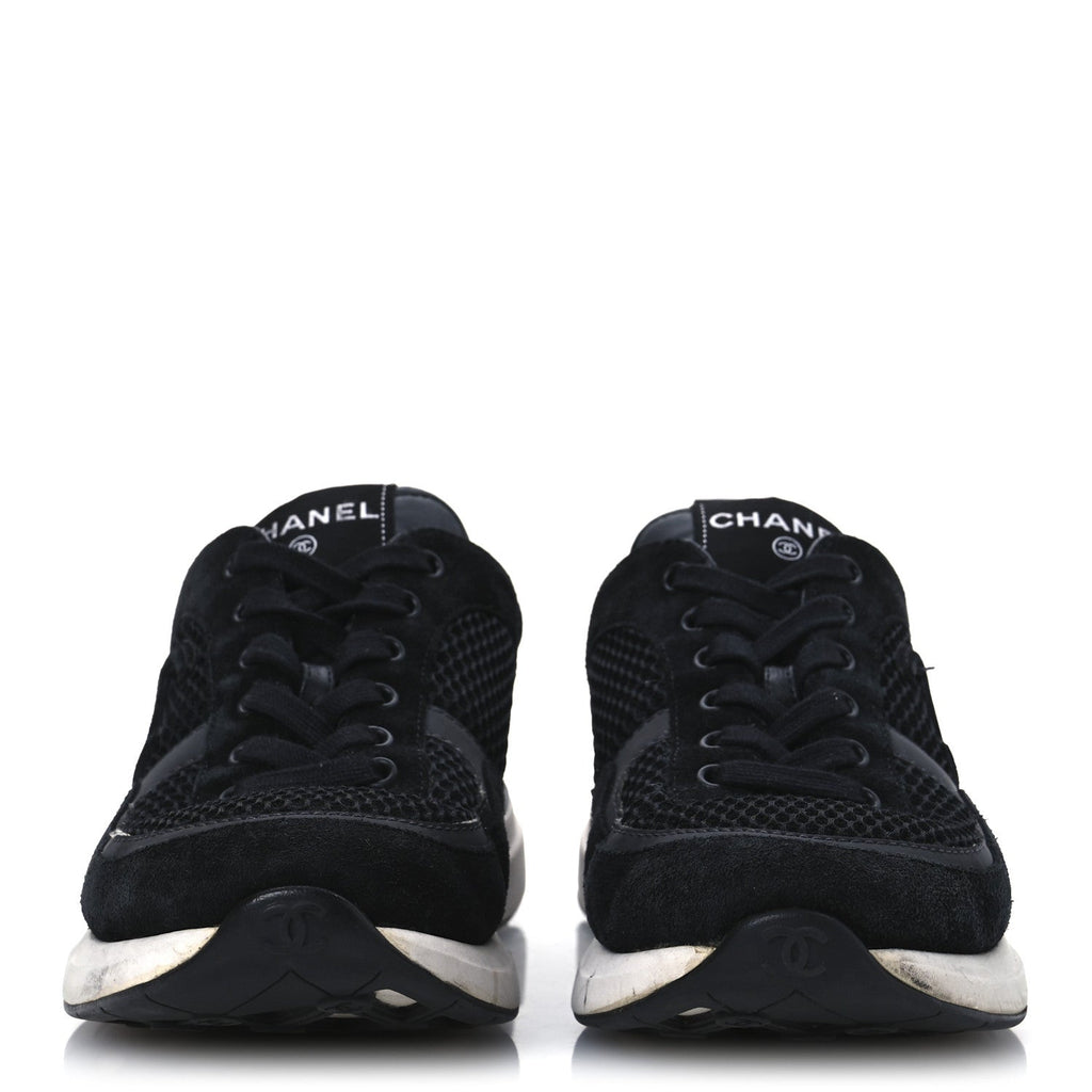 Chanel Calfskin Mesh Lycra Suede Women's Logo Sneakers 40 Black