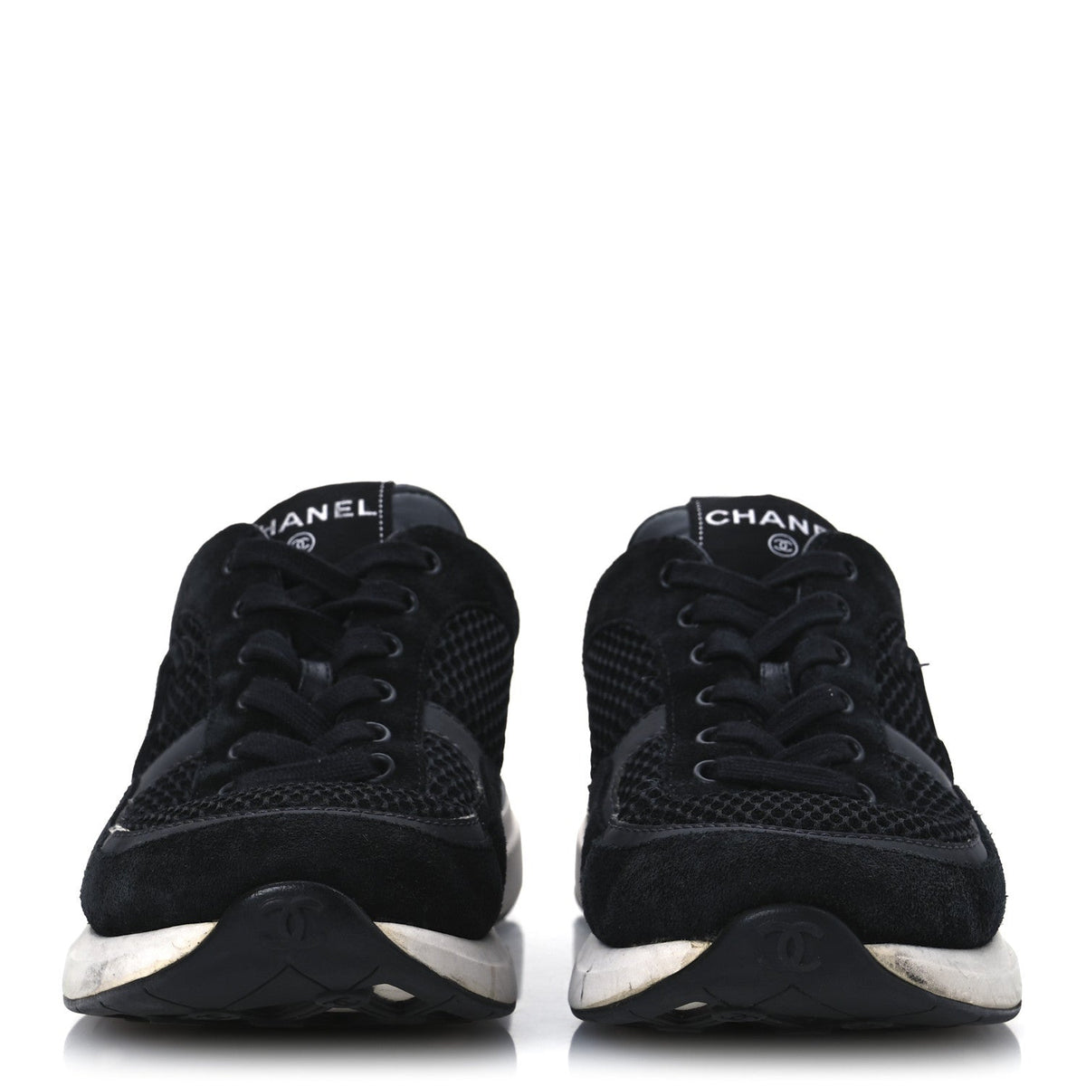 Chanel Calfskin Mesh Lycra Suede Women's Logo Sneakers 40 Black