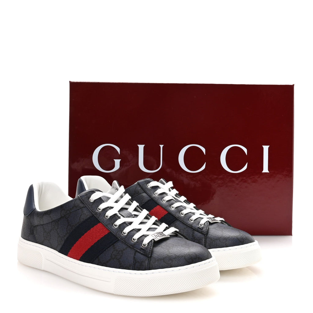 Gucci GG Supreme Canvas Monogram Men's New Ace Sneakers 9.5 Dark Blue