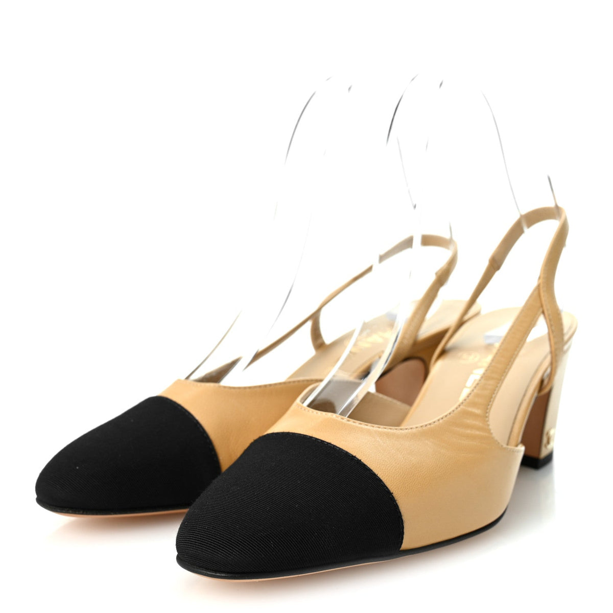 Chanel Goatskin Grosgrain Women's Cap Toe CC Slingback Pumps 37 Beige Black