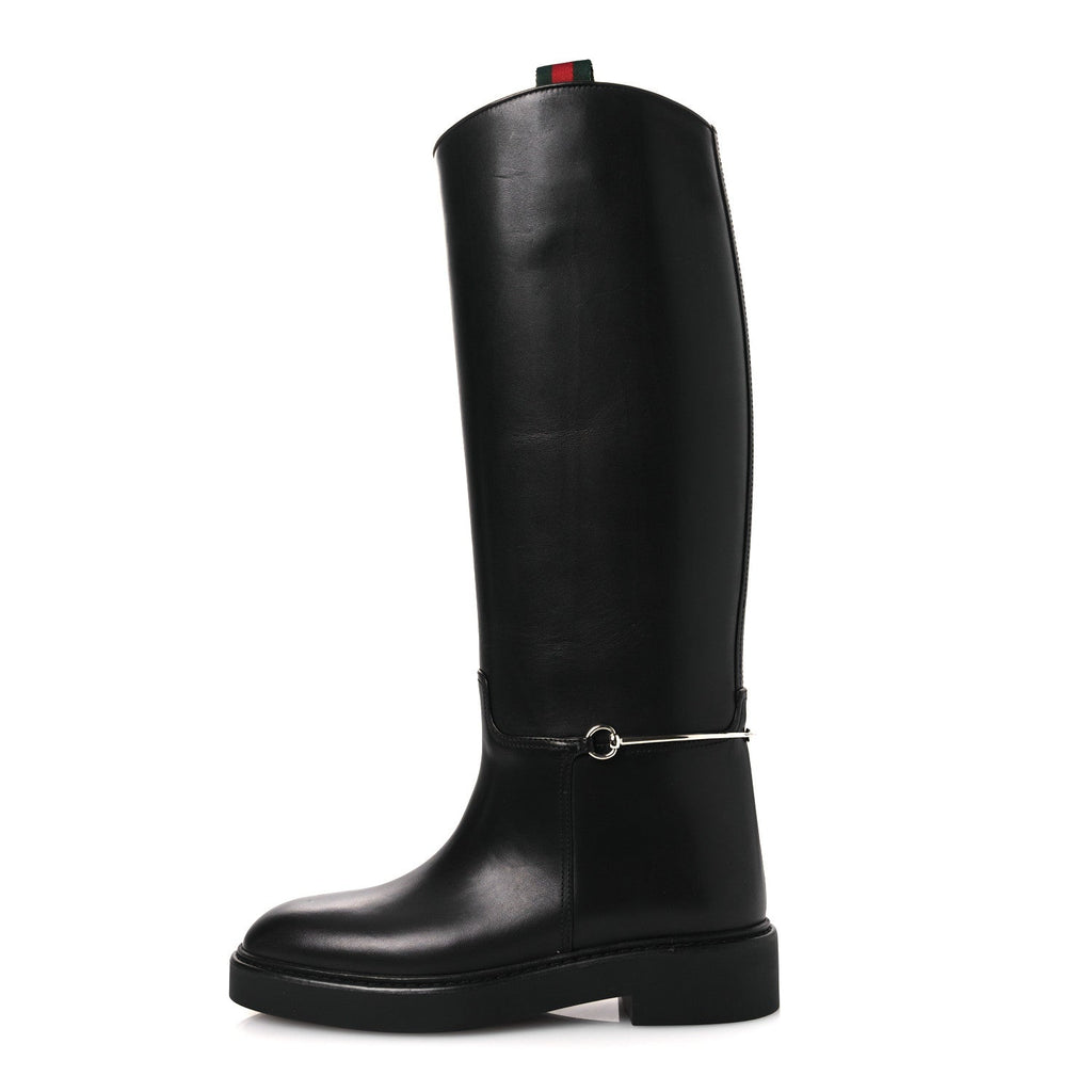 Gucci Shiny Calfskin Women's Michelangelo Slim Horsebit Riding Boots 38 Black