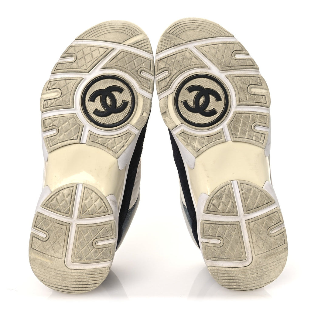 Chanel Nylon Calfskin Suede Women's CC Sneakers 35.5 Navy White Orange Black