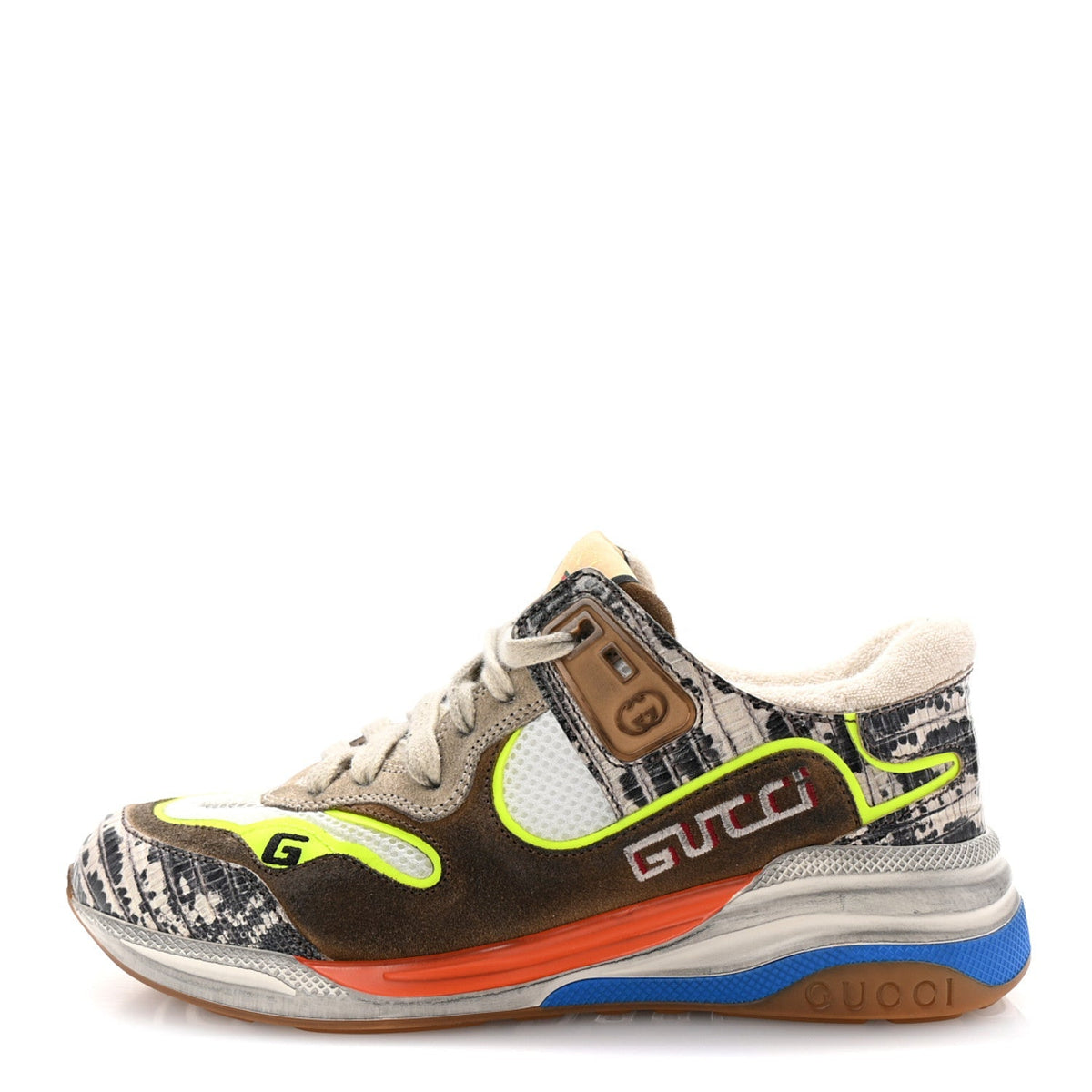 Gucci Suede Calfskin Tejus Printed Women's Ultrapace Sneakers 35 Natural Ardesia Neon Yellow