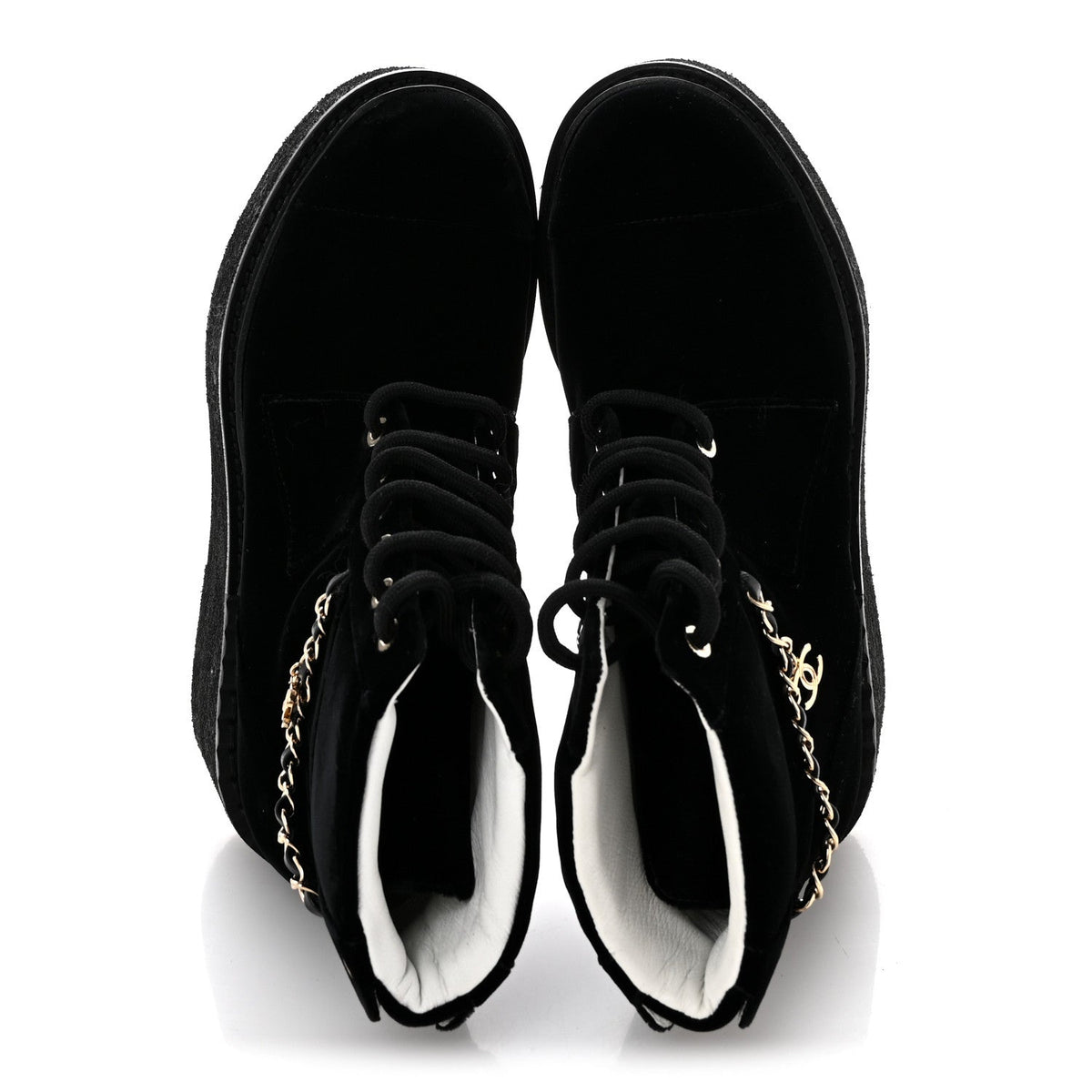 Chanel Velvet Women's Chain Lace Up CC Short Boots 35.5 Black