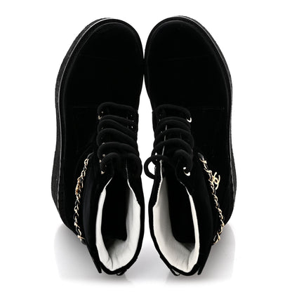 Chanel Velvet Women's Chain Lace Up CC Short Boots 35.5 Black