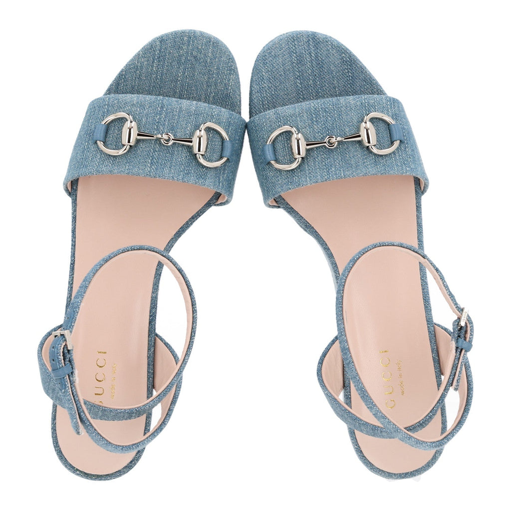 Gucci Denim Women's Horsebit Flatform Sandals 36 Old Azure