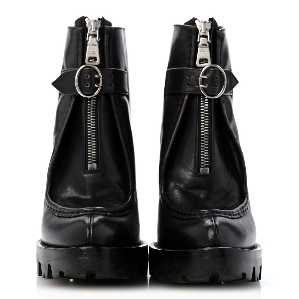 Prada Spazzolato Distressed Leather Women's Buckle 120mm Ankle Boots 35 Black