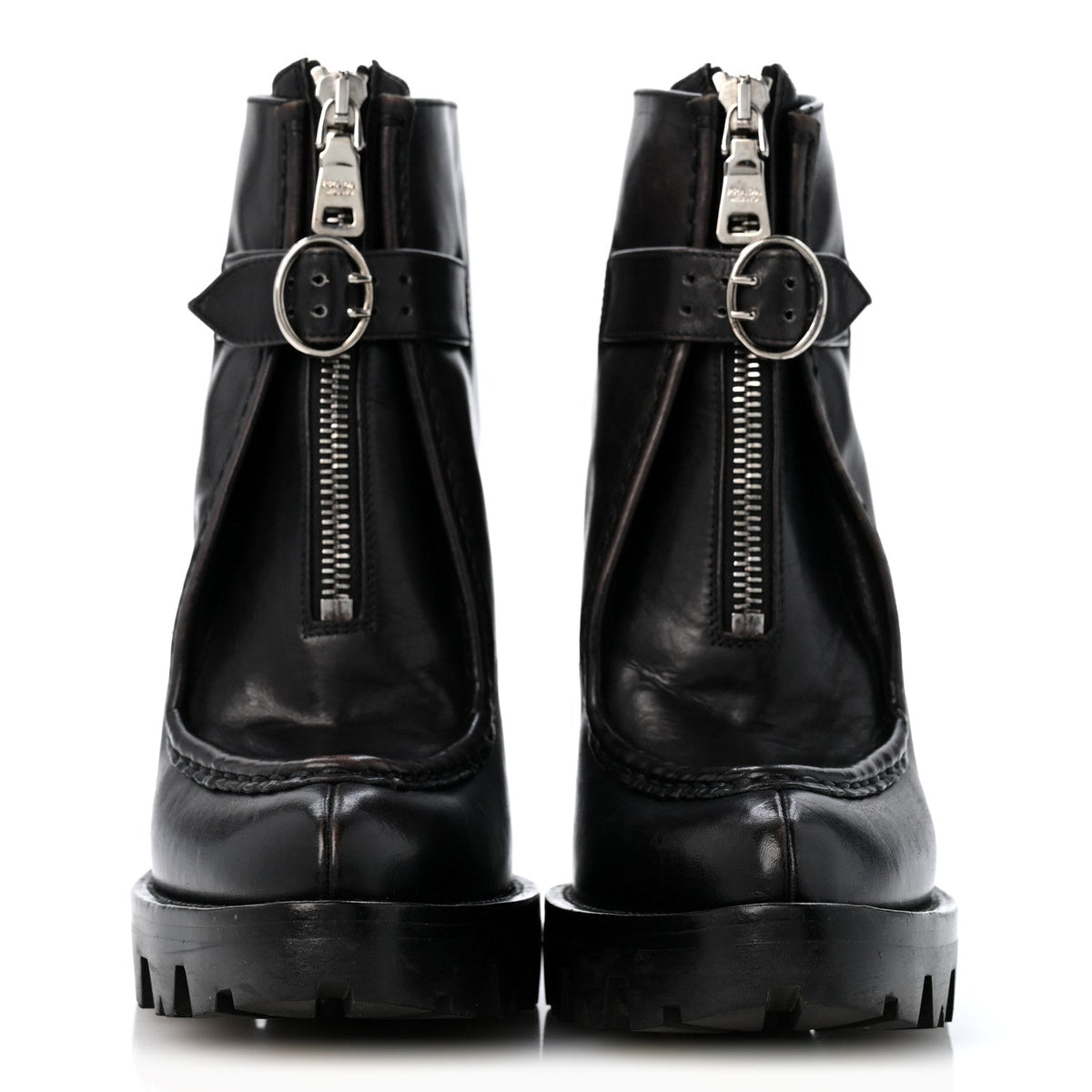 Prada Spazzolato Distressed Leather Women's Buckle 120mm Ankle Boots 35 Black