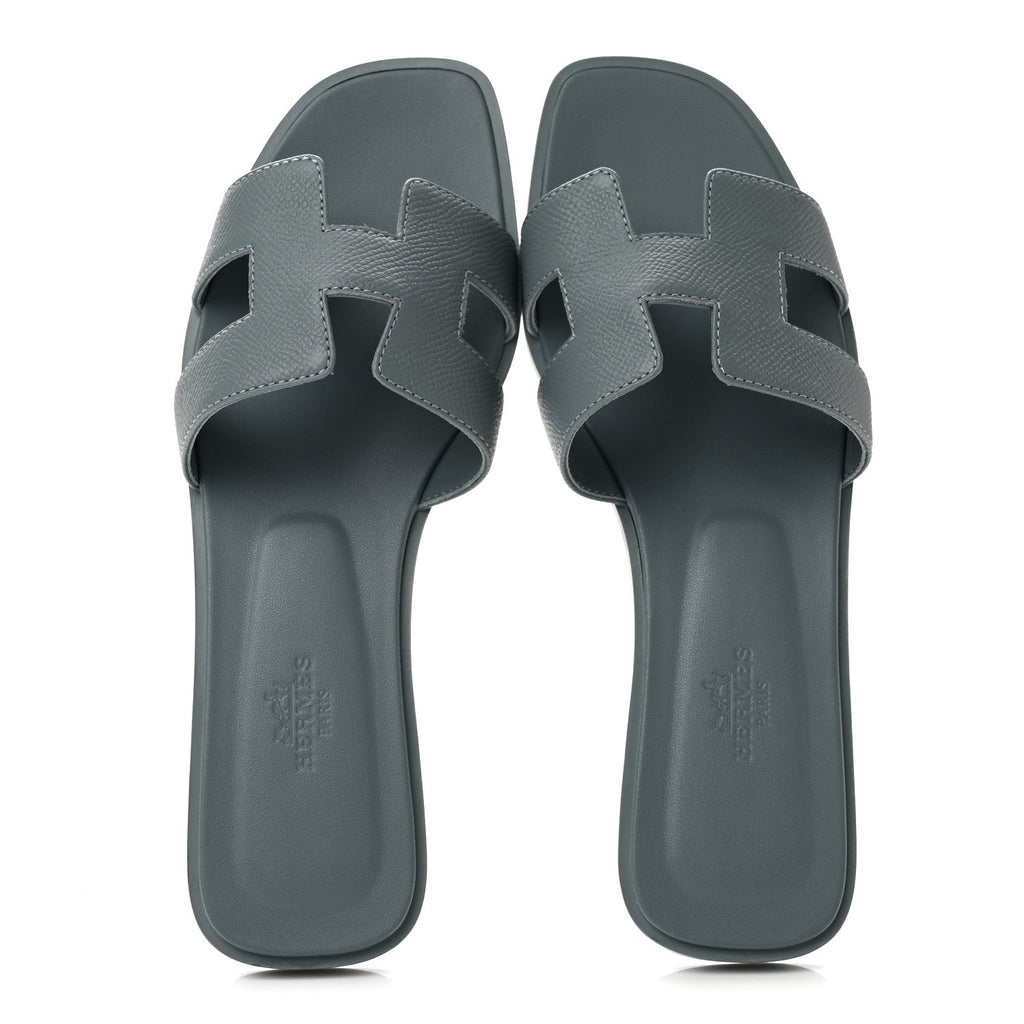 Hermes Epsom Calfskin Women's Oran Sandals 37.5 Gris Antarctique