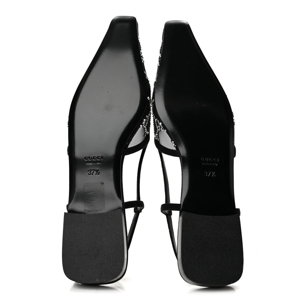 Gucci Suede Mesh Crystal Women's GG Demi Ballet Flats 37.5 Black