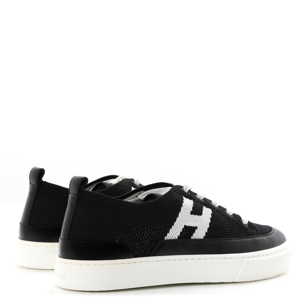 Hermes Knit Fabric Calfskin Women's Deep Sneakers 36.5 Black White