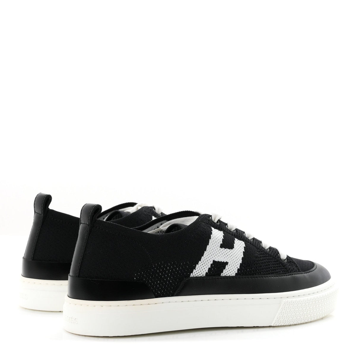 Hermes Knit Fabric Calfskin Women's Deep Sneakers 36.5 Black White