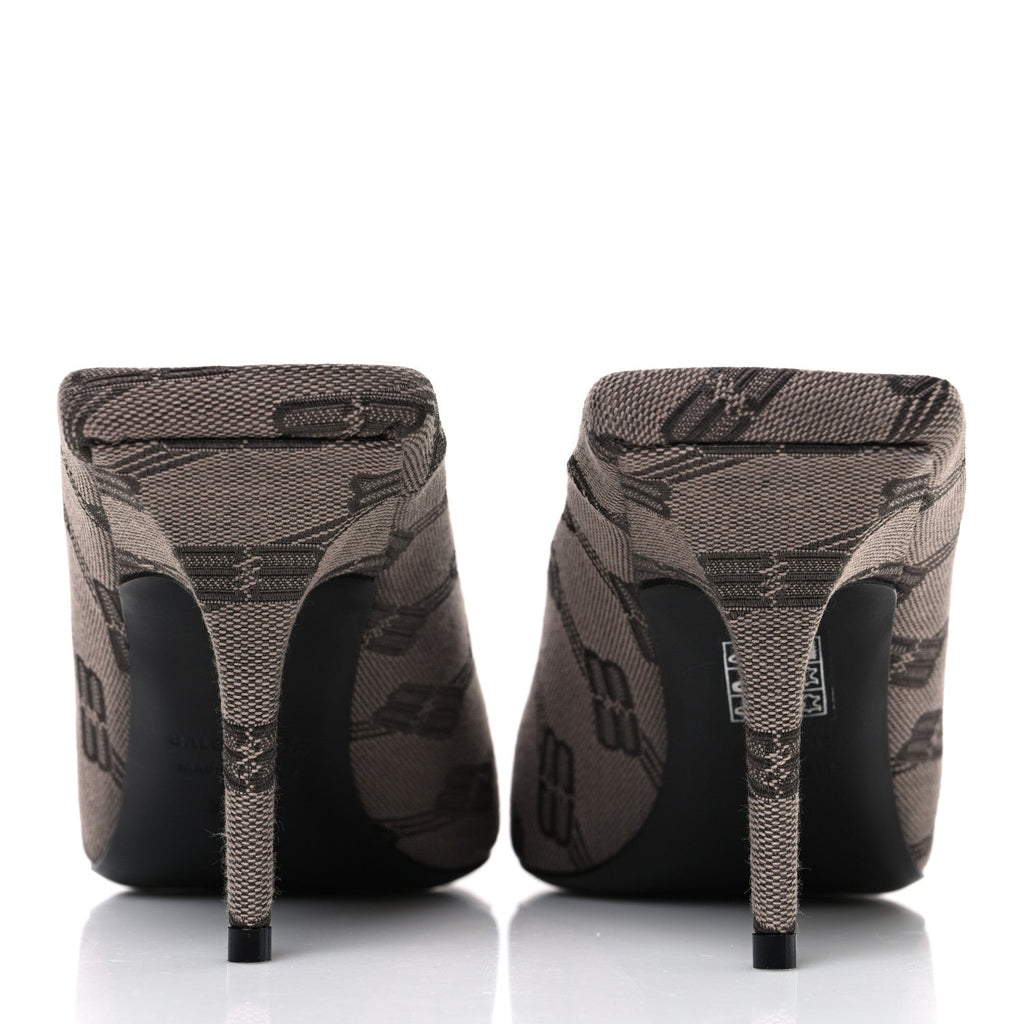Balenciaga Monogram Canvas Women's Square Knife 80mm Mules 38.5 Dark Mink Grey Dark Brown