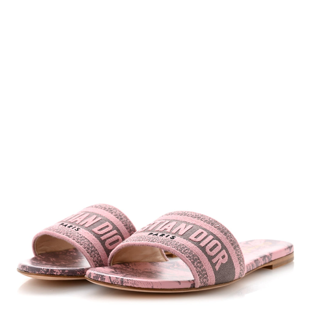 Christian Dior Canvas Women's Toile De Jouy Embroidered Dway Flat Slide Sandals 37.5 Chateau Rose