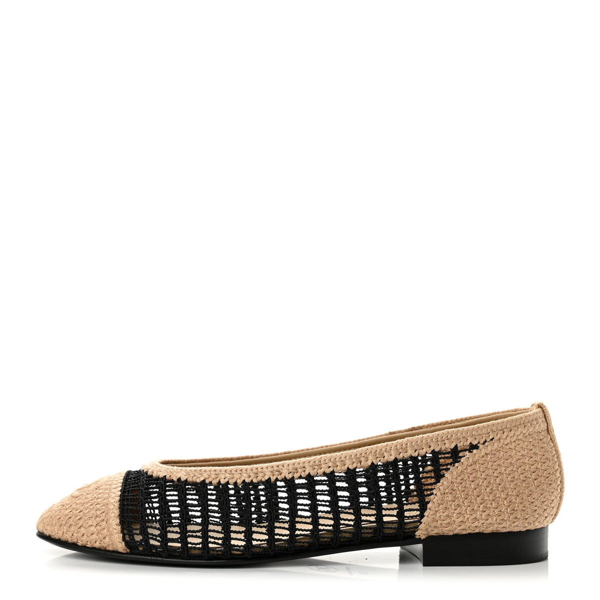 Chanel Raffia Cap Toe Women's Ballerina Flats Black Beige
