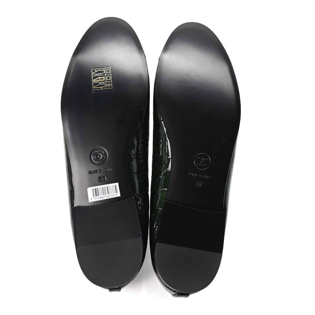 Chanel Crocodile Embossed Patent Calfskin CC Women's Ballerina Flats Dark Green Black