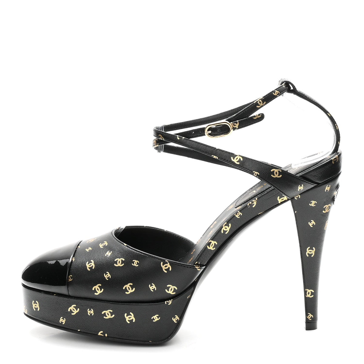 Chanel Printed Lambskin Patent Calfskin Women's CC Platform Pumps 39.5 Black Gold