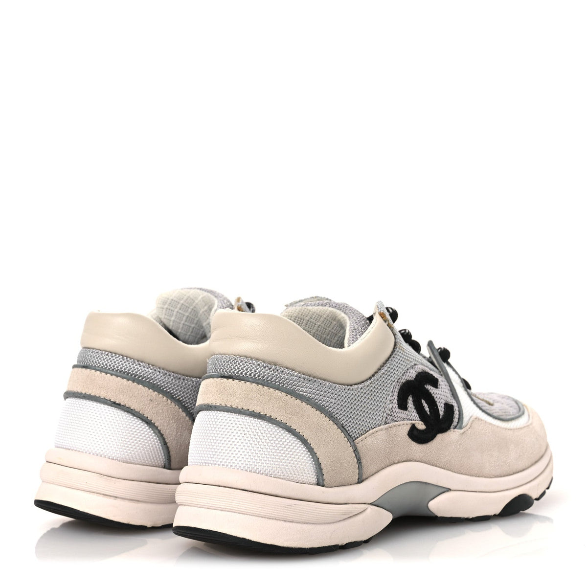 Chanel Mesh Suede Grained Calfskin Women's CC Sneakers 37 Grey White