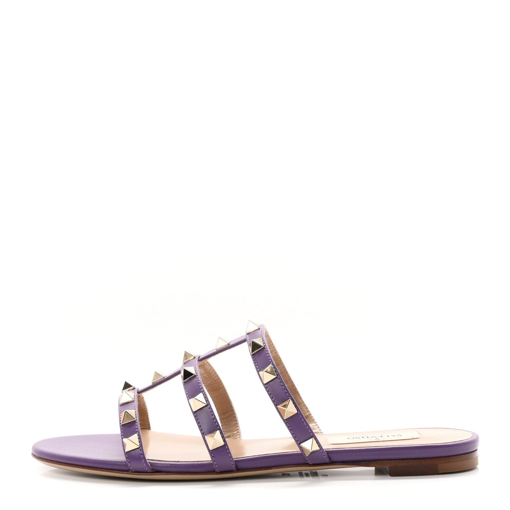 Valentino Garavani Nappa Women's Rockstud Caged Flat Slide Sandals 36 Indian Violet