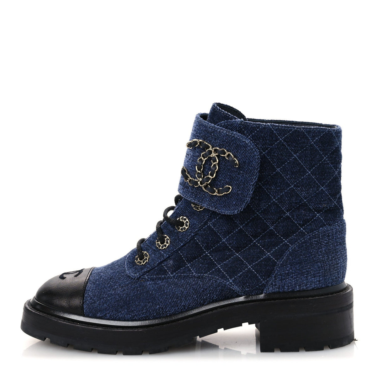 Shiny Calfskin Velvet Quilted Lace Up Combat Boots Blue Black