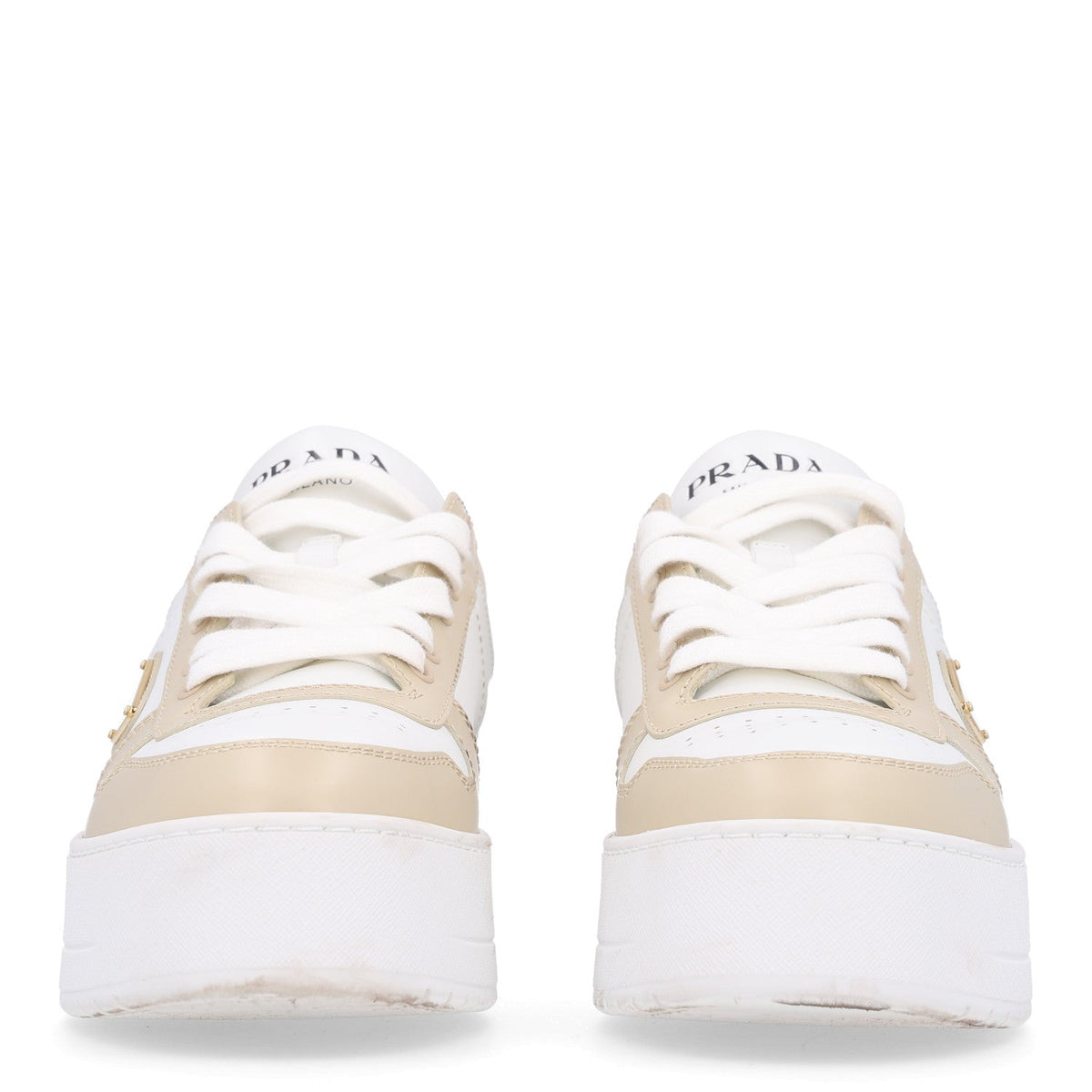 Prada Vitello Rois Triangle Downtown 30mm Women's Sneakers Beige and White