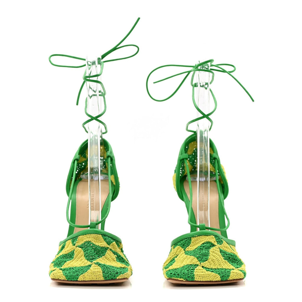 Bottega Veneta Crochet Lambskin Women's Stretch Ankle Tie Sandals 37 Kiwi Parakeet