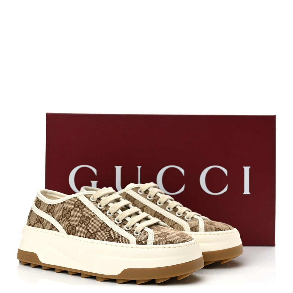 Gucci Monogram Canvas Women's 1977 Tennis Platform 52mm Sneakers 36.5 Beige Ebony Mystic White