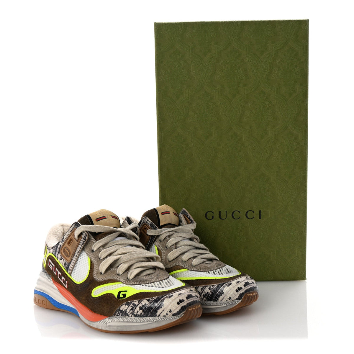 Gucci Suede Calfskin Tejus Printed Women's Ultrapace Sneakers 35 Natural Ardesia Neon Yellow